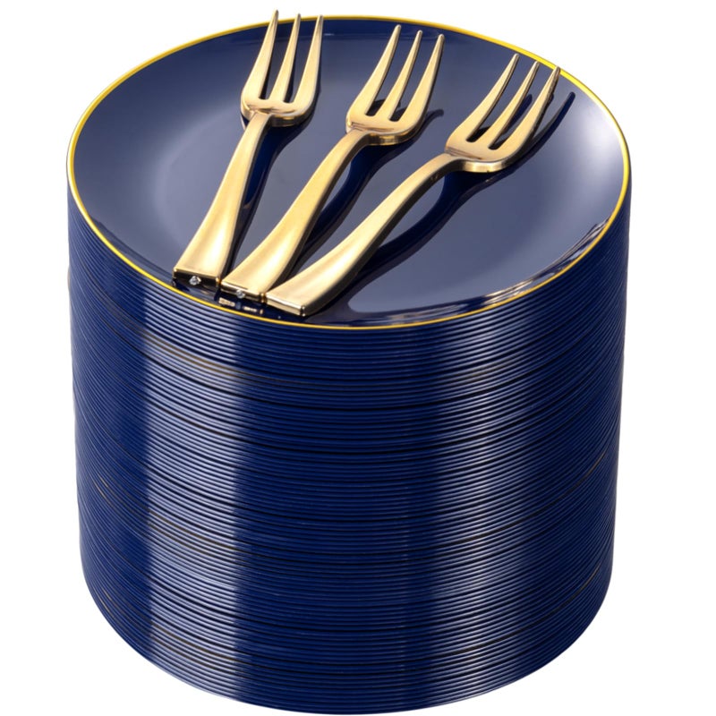 Festiva 200Pcs Navy Blue Gold Dessert Plates 6.3" with Plastic Forks 5"- Small Disposable Plates- Dessert/Cake/Appetizer Plastic Plates include 100Plates 100Forks for Birthday Party & Ramadan - Image 1