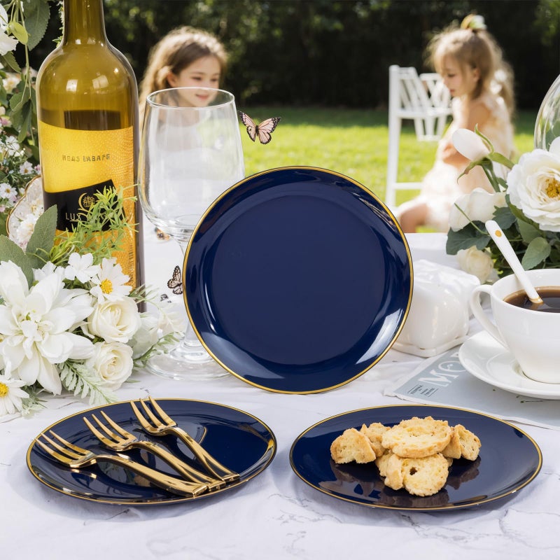 Festiva 200Pcs Navy Blue Gold Dessert Plates 6.3" with Plastic Forks 5"- Small Disposable Plates- Dessert/Cake/Appetizer Plastic Plates include 100Plates 100Forks for Birthday Party & Ramadan - Image 5