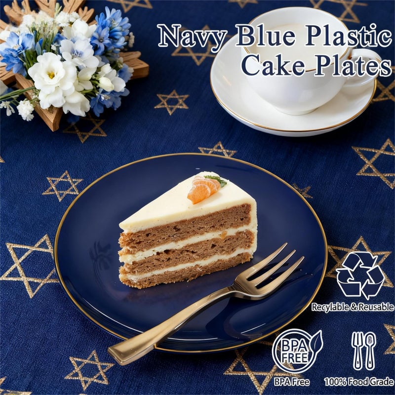 Festiva 200Pcs Navy Blue Gold Dessert Plates 6.3" with Plastic Forks 5"- Small Disposable Plates- Dessert/Cake/Appetizer Plastic Plates include 100Plates 100Forks for Birthday Party & Ramadan - Image 3