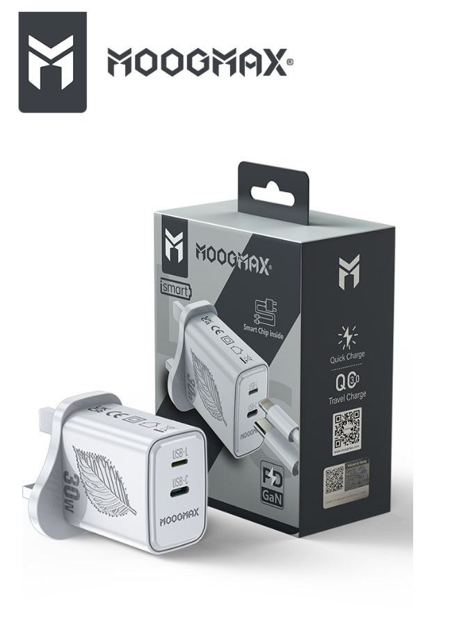 MOOGMAX 30W GaN PD Charger Head, Wall Adapter for High-Speed Power Delivery, Wall Plug, Type-C Plug, Triple Plug, Electrical Plug, Type-C Charger Head, Original Samsung Charger Head, Original iPhone Charger Head.  - Image 1