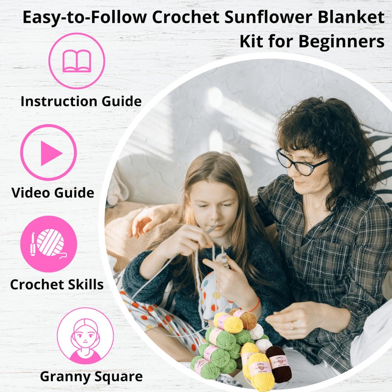 CSWCS Crochet Sunflower Blanket Kit for Beginners, Granny Square Pattern Crochet Yarn Accessories, Instructions Video for Starter, Adult Craft Knitting Kit for DIY Women (Green Sunflower) - Image 4
