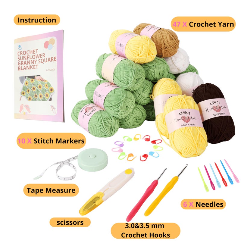 CSWCS Crochet Sunflower Blanket Kit for Beginners, Granny Square Pattern Crochet Yarn Accessories, Instructions Video for Starter, Adult Craft Knitting Kit for DIY Women (Green Sunflower) - Image 2