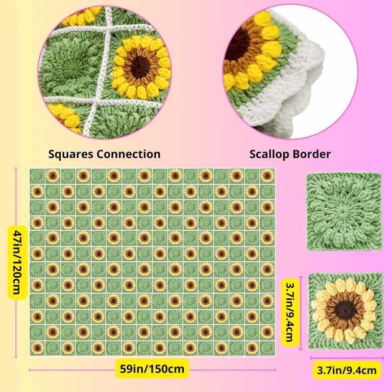 CSWCS Crochet Sunflower Blanket Kit for Beginners, Granny Square Pattern Crochet Yarn Accessories, Instructions Video for Starter, Adult Craft Knitting Kit for DIY Women (Green Sunflower) - Image 3