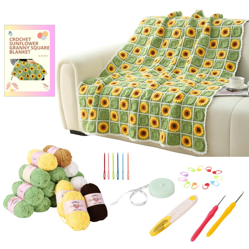 CSWCS Crochet Sunflower Blanket Kit for Beginners, Granny Square Pattern Crochet Yarn Accessories, Instructions Video for Starter, Adult Craft Knitting Kit for DIY Women (Green Sunflower) - Image 1