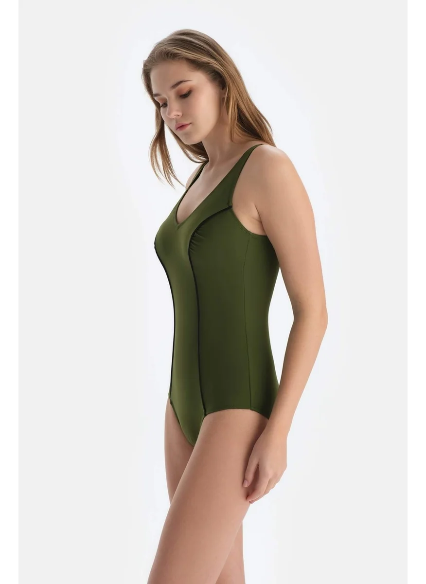 داجي Khaki V Neck Swimsuit