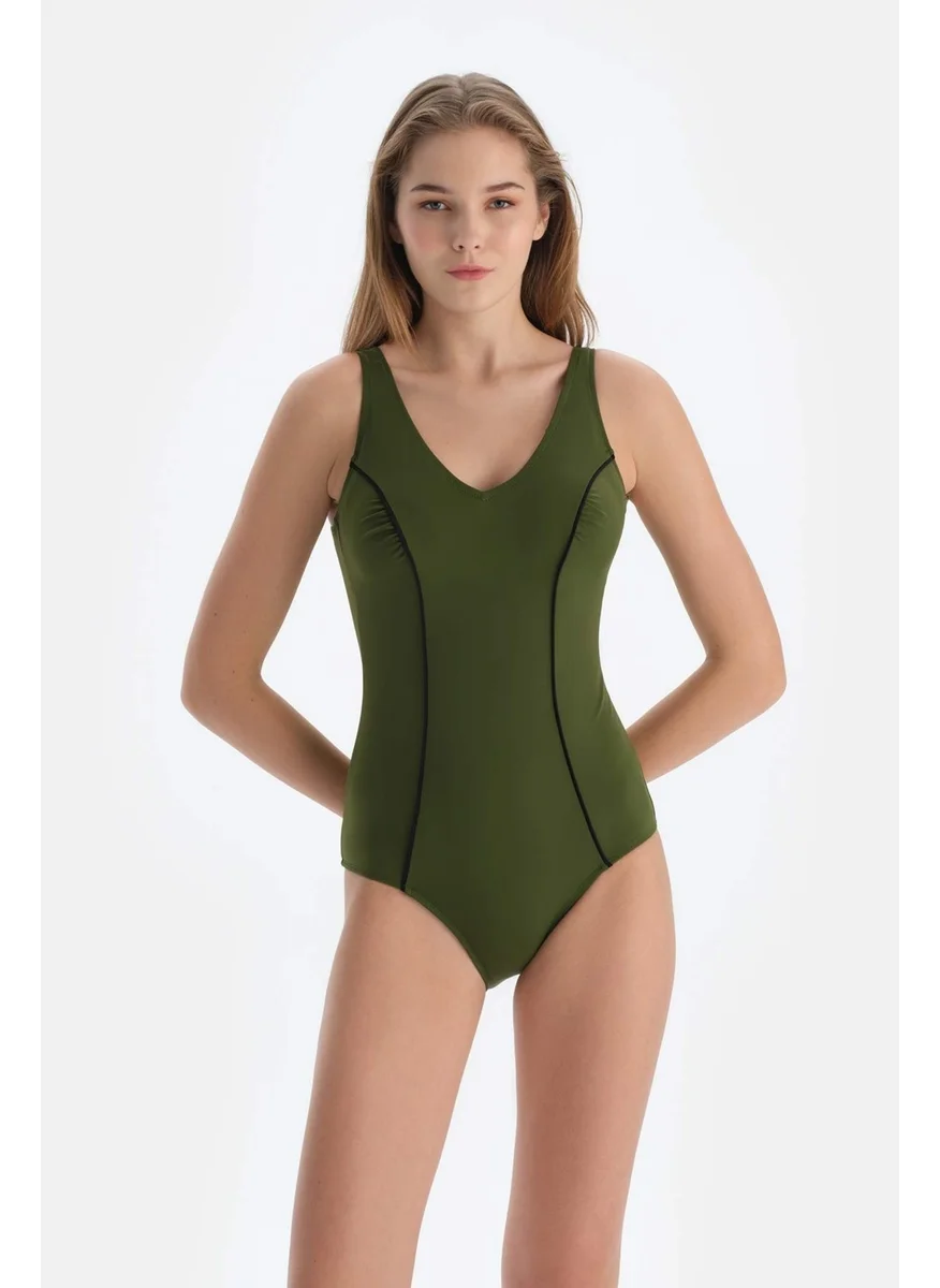 داجي Khaki V Neck Swimsuit