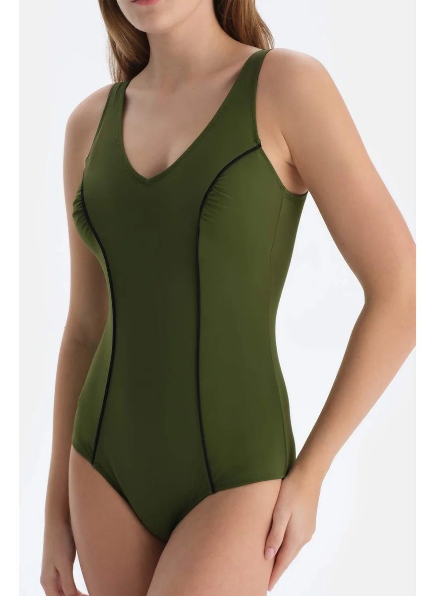 داجي Khaki V Neck Swimsuit