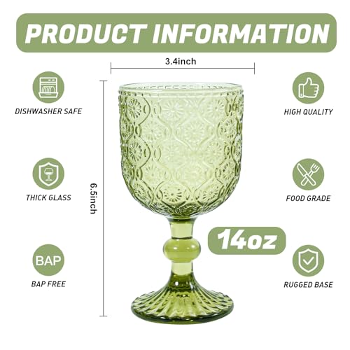 CHLJAR Green Vintage Wine Glasses set of 6 Goblets Glassware, 14 oz Green Wine Glasses, Vintage Colored Glass Goblet for Wedding, Party, Red Wine Glass, Bars, Restaurants Dishwasher Safe - Image 2