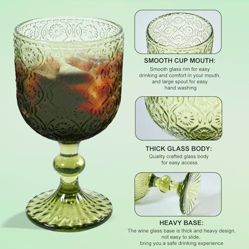 CHLJAR Green Vintage Wine Glasses set of 6 Goblets Glassware, 14 oz Green Wine Glasses, Vintage Colored Glass Goblet for Wedding, Party, Red Wine Glass, Bars, Restaurants Dishwasher Safe - Image 3