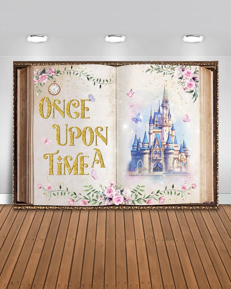 Mocsicka Fairy Tale Book Backdrop Colorful Castle Story Book for Princess Birthday Party Decorations Once Upon a Time Backdrops Floral Butterfly Background (Pink and Gold, 7x5ft(82"x60")) - Image 1