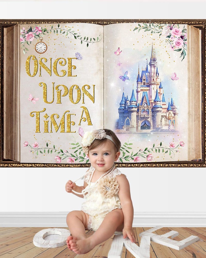 Mocsicka Fairy Tale Book Backdrop Colorful Castle Story Book for Princess Birthday Party Decorations Once Upon a Time Backdrops Floral Butterfly Background (Pink and Gold, 7x5ft(82"x60")) - Image 3