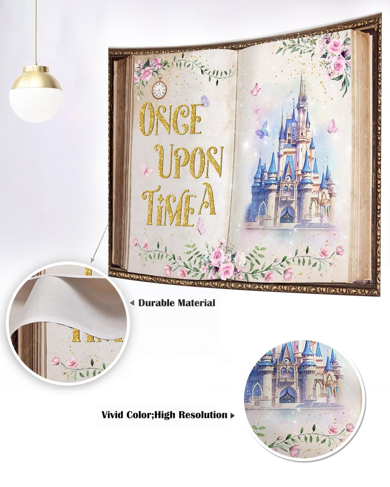 Mocsicka Fairy Tale Book Backdrop Colorful Castle Story Book for Princess Birthday Party Decorations Once Upon a Time Backdrops Floral Butterfly Background (Pink and Gold, 7x5ft(82"x60")) - Image 5