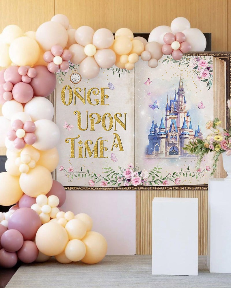 Mocsicka Fairy Tale Book Backdrop Colorful Castle Story Book for Princess Birthday Party Decorations Once Upon a Time Backdrops Floral Butterfly Background (Pink and Gold, 7x5ft(82"x60")) - Image 2