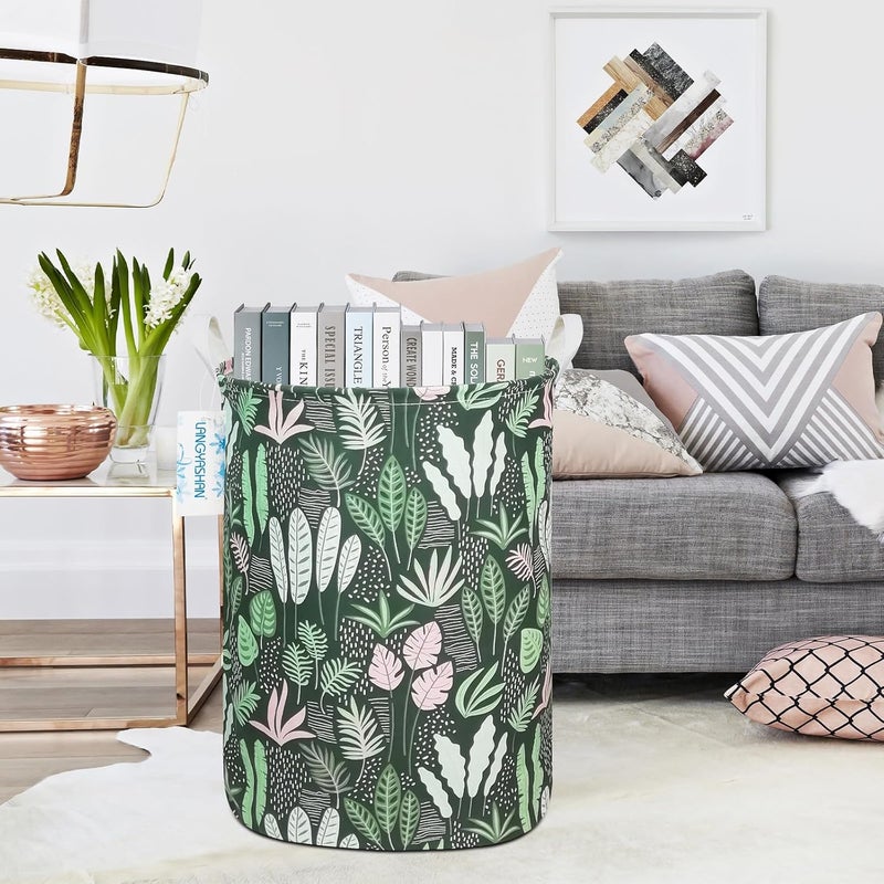 LANGYASHAN Laundry Basket Canvas Fabric Collapsible Organizer Basket for Storage Bin Toy Bins Gift Baskets Bedroom Clothes Children Nursery Hamper (Round Leaf) - Image 5