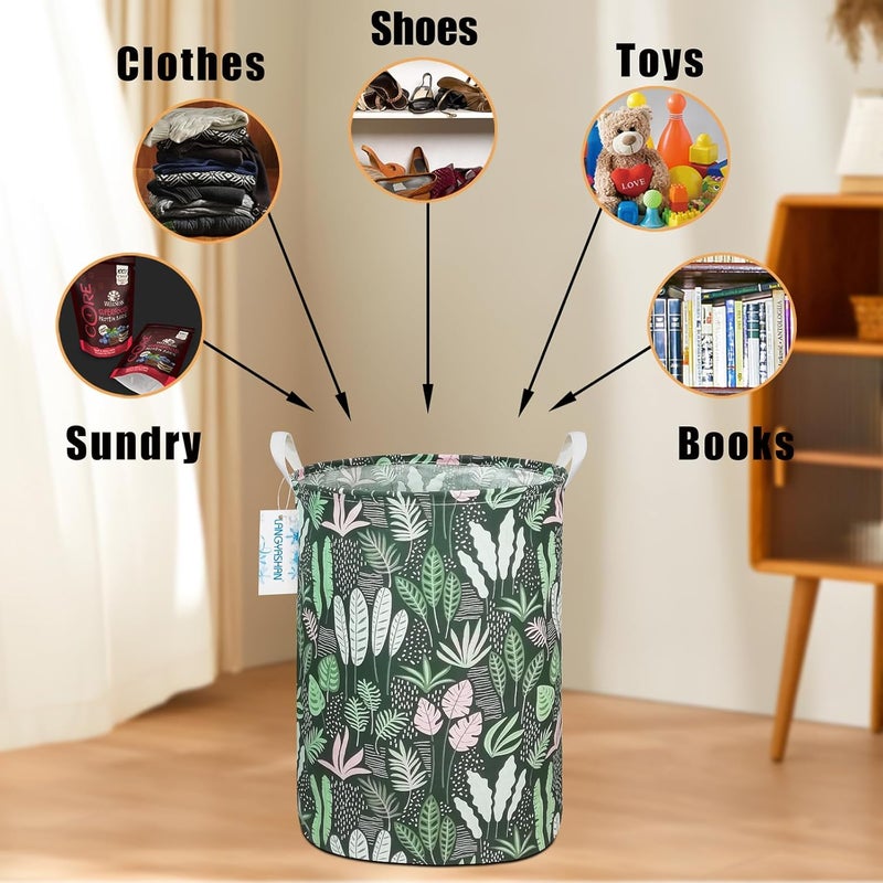LANGYASHAN Laundry Basket Canvas Fabric Collapsible Organizer Basket for Storage Bin Toy Bins Gift Baskets Bedroom Clothes Children Nursery Hamper (Round Leaf) - Image 4