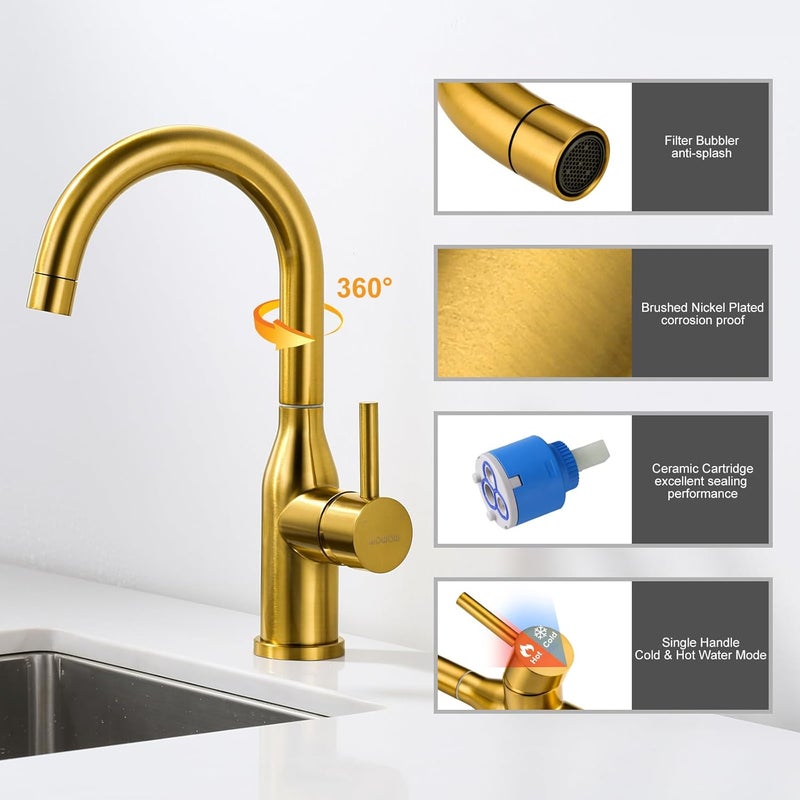 WOWOW Brushed Gold Bar Sink Faucet Single Hole Bar Faucet 1 Handle Small Kithcen Faucet for Wet Bar and RV Sink - Image 5