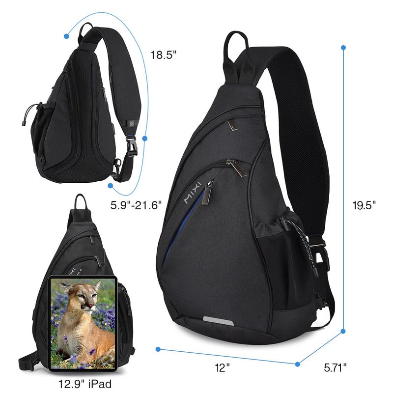 mixi Sling Bag Men Backpack Unisex One Shoulder Bag Hiking Travel Backpack Crossbody with USB Port for Men Women Versatile Casual Daypack-20 inch,Black - Image 2