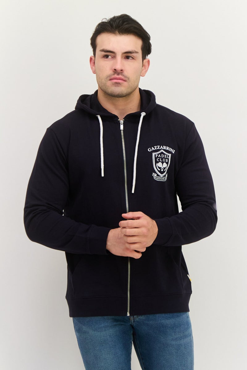 Gazzarrini سويت شيرت طويل الأكمام مع غطاء للرأس للرجال، طباعة جرافيك، كحلي داكن - Image 1