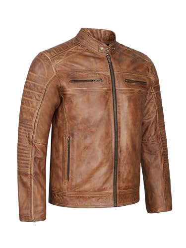 Leatherick Mens Distressed Tan Brown Genuine Leather Cafe Racer Biker Jacket Retro Style Vintage Jacket (US, Alpha, Large, Regular, Regular, Tan Brown) - Image 1
