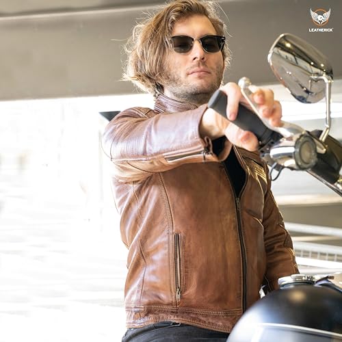 Leatherick Mens Distressed Tan Brown Genuine Leather Cafe Racer Biker Jacket Retro Style Vintage Jacket (US, Alpha, Large, Regular, Regular, Tan Brown) - Image 4