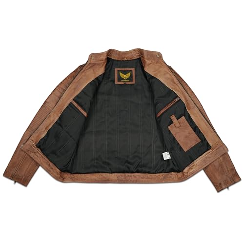 Leatherick Mens Distressed Tan Brown Genuine Leather Cafe Racer Biker Jacket Retro Style Vintage Jacket (US, Alpha, Large, Regular, Regular, Tan Brown) - Image 5