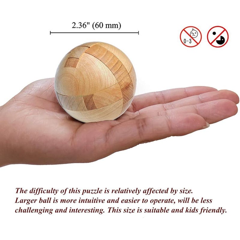 KINGOU Wooden Puzzle Magic Ball Brain Teasers Toy Intelligence Game Sphere Puzzles for Adults/Kids | Measures 2.36 inches, ideal ball stocking stuffer puzzle gift, includes 3 random metal puzzles and guide - Image 4