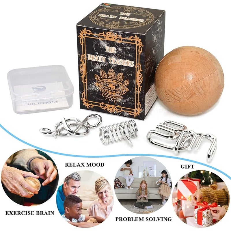 KINGOU Wooden Puzzle Magic Ball Brain Teasers Toy Intelligence Game Sphere Puzzles for Adults/Kids | Measures 2.36 inches, ideal ball stocking stuffer puzzle gift, includes 3 random metal puzzles and guide - Image 2