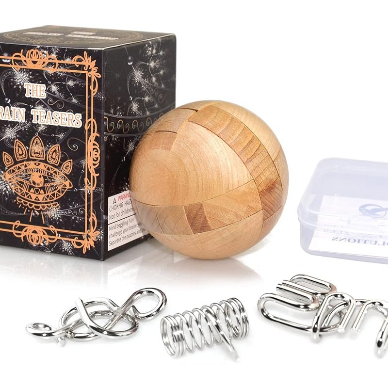 KINGOU Wooden Puzzle Magic Ball Brain Teasers Toy Intelligence Game Sphere Puzzles for Adults/Kids | Measures 2.36 inches, ideal ball stocking stuffer puzzle gift, includes 3 random metal puzzles and guide - Image 1