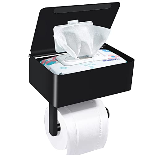 Bjiotun Toilet Paper Holder with Shelf  SUS304 Stainless Steel Toilet Paper Storage with Wipes Dispenser  Toilet Paper Roll Holder Wall Mount for Bathroom Storage No Drill to Install  Matte Black