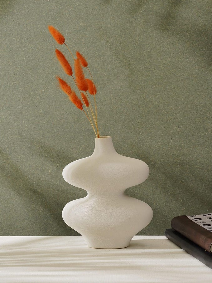 DOUBLE CIRCLE BOTTLE SHAPED MATT WHITE COLOUR CERAMIC FLOWER VASE DECOR SHOWPIECE FOR HOME AND OFFICELIVING ROOM DIWALI DECORATION ITEMS GIFTING FLOWERS HOLDER FOR DECOR FESTIVAL