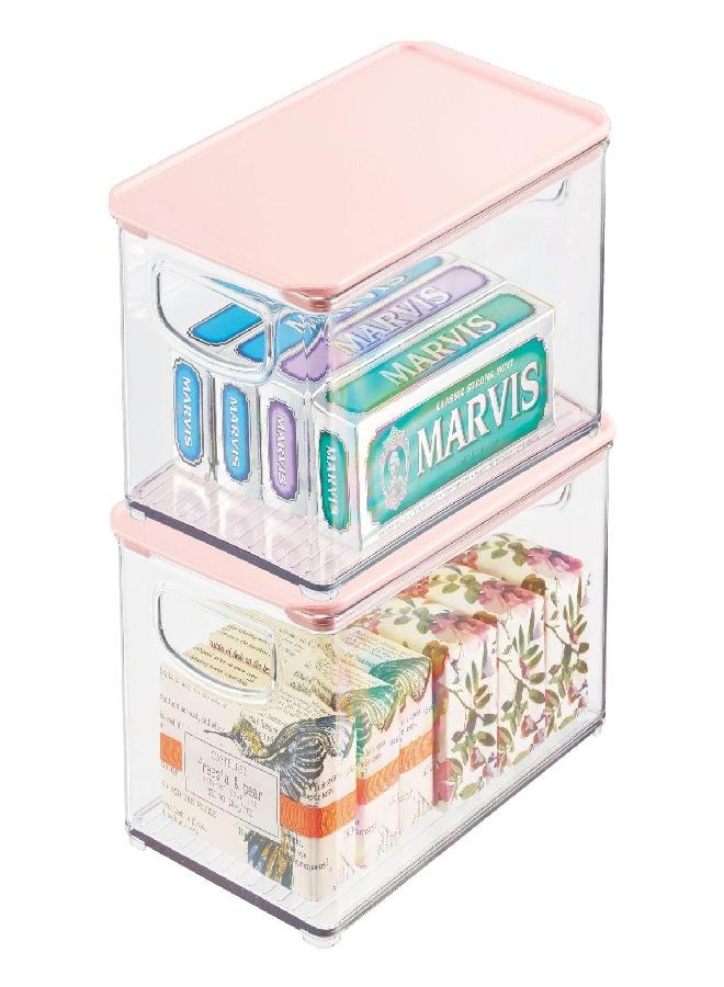 mDesign Deep Plastic Bathroom Storage Bin Box, Lid/Built-in Handles, Organization for Makeup, Hair Styling Tools, Toiletry Accessories in Cabinet, Shelves, Ligne Collection, 2 Pack, Clear/Pink - Image 1