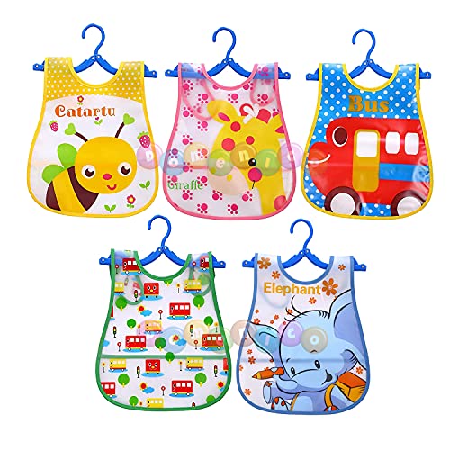 DOMENICO Washable Colorful Waterproof Baby Apron cum Bib Unisex Cute Cartoon Baby Bib Drool Baby Bib Baby Feeding Bibs for Infant Toddler 9 Months to 6 Years Old- Random Print Pack of 5 - Image 1