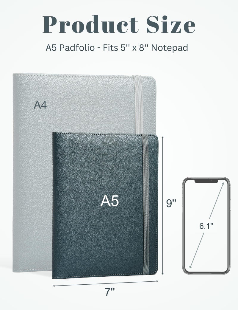 Mymazn Junior Padfolio Portfolio Folder, Small A5 Clipboard with Cover for 5'' x 8'' Writing Pad Notepad Holder Legal Pad Holder for Business School Office Men Women (Grey Green) - Image 2