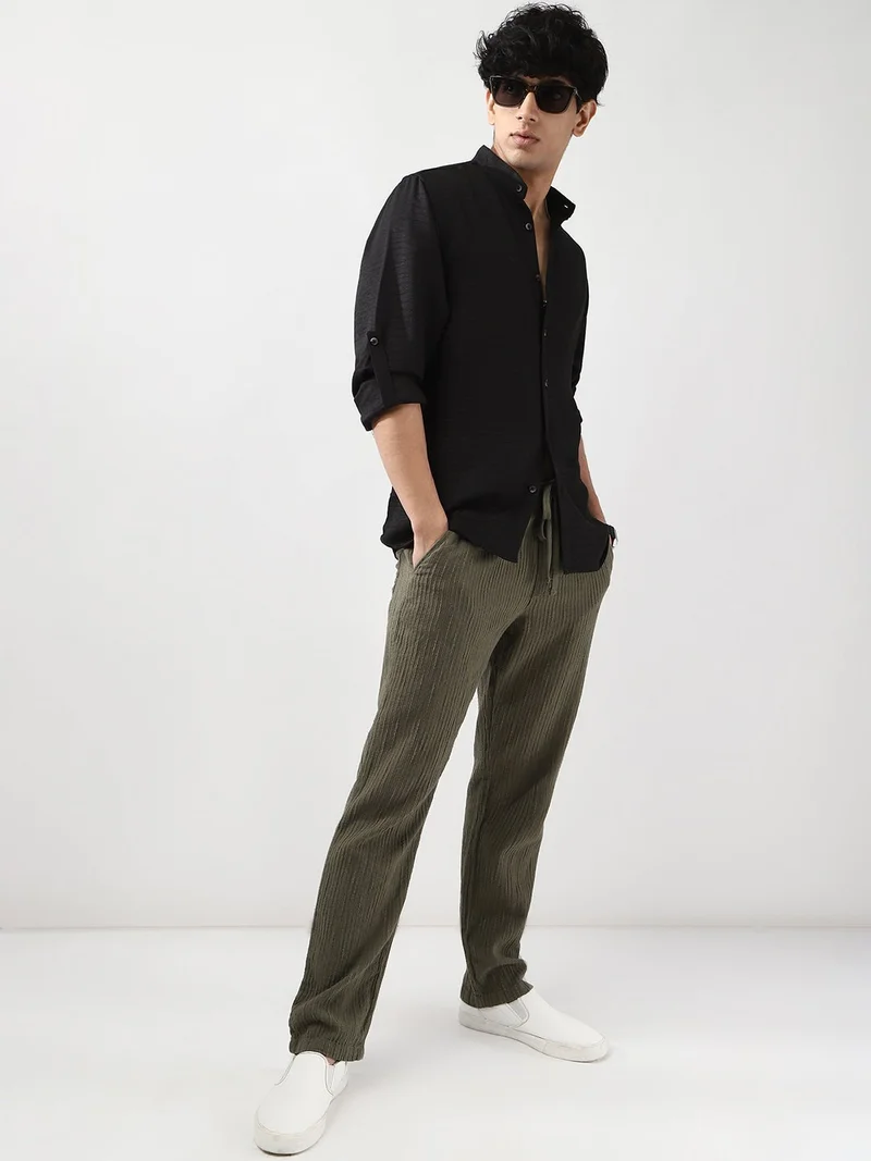 Urbano Fashion  Urbano Fashion Men's Black Linen Blend Full Sleeve Relaxed Fit Mandarin Collar Casual Solid Shirt  | Best Price UAE