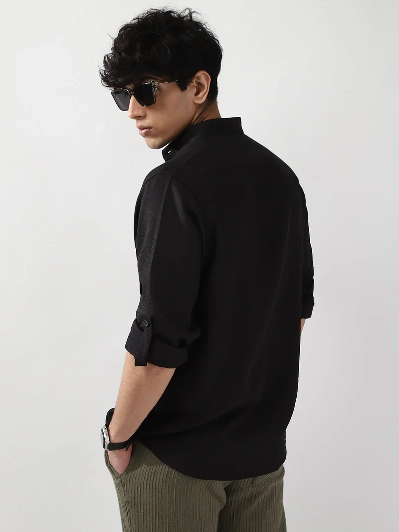 Urbano Fashion  Urbano Fashion Men's Black Linen Blend Full Sleeve Relaxed Fit Mandarin Collar Casual Solid Shirt  | Best Price UAE