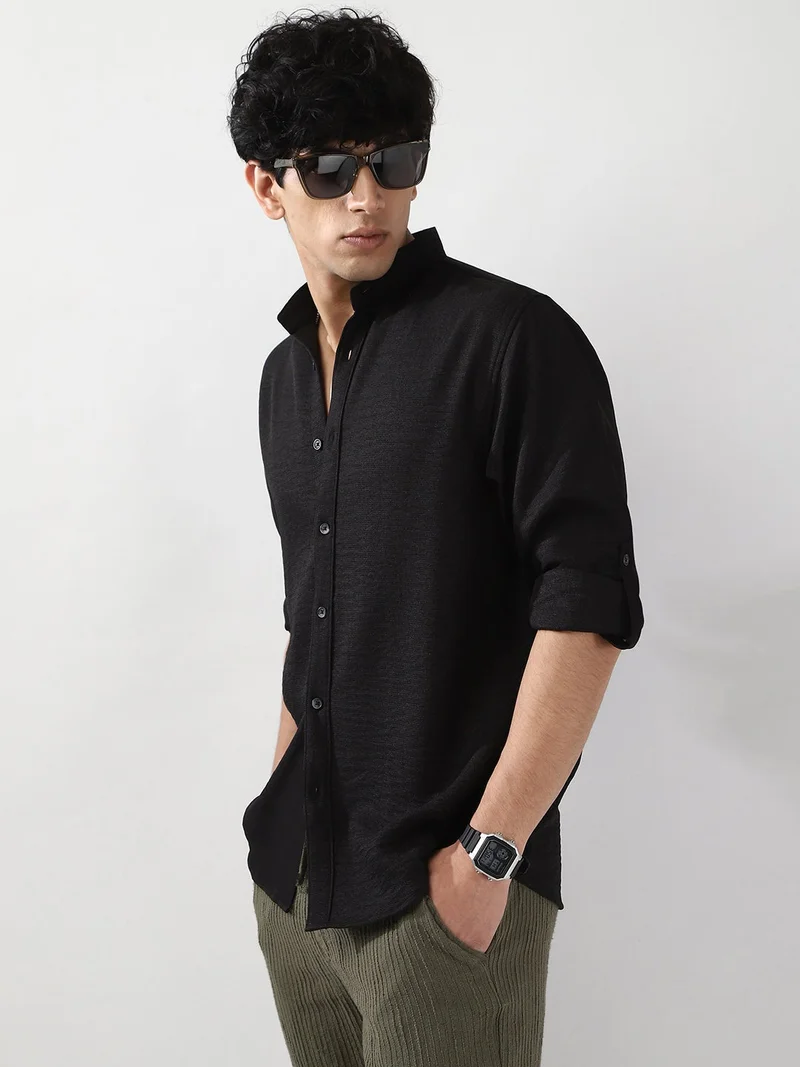 Urbano Fashion  Urbano Fashion Men's Black Linen Blend Full Sleeve Relaxed Fit Mandarin Collar Casual Solid Shirt  | Best Price UAE