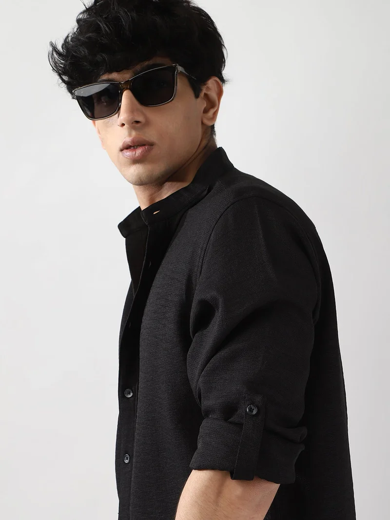 Urbano Fashion  Urbano Fashion Men's Black Linen Blend Full Sleeve Relaxed Fit Mandarin Collar Casual Solid Shirt  | Best Price UAE