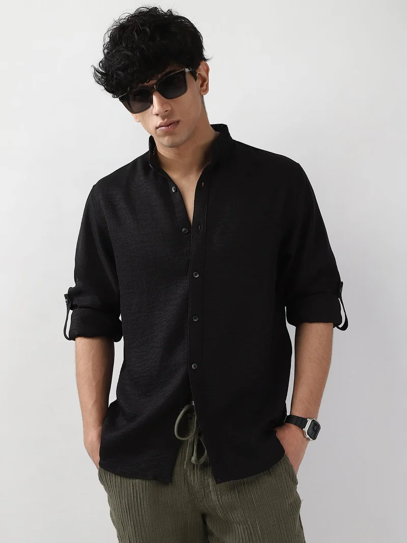 Urbano Fashion  Urbano Fashion Men's Black Linen Blend Full Sleeve Relaxed Fit Mandarin Collar Casual Solid Shirt  | Best Price UAE