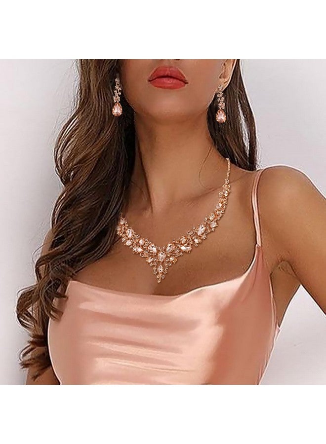 بريلوف مجموعة مجوهرات الزفاف والزفاف من الكريستال النمساوي على شكل دمعة مجموعة أقراط متدلية من الذهب الوردي مع قلادة من الذهب الوردي. - Image 2