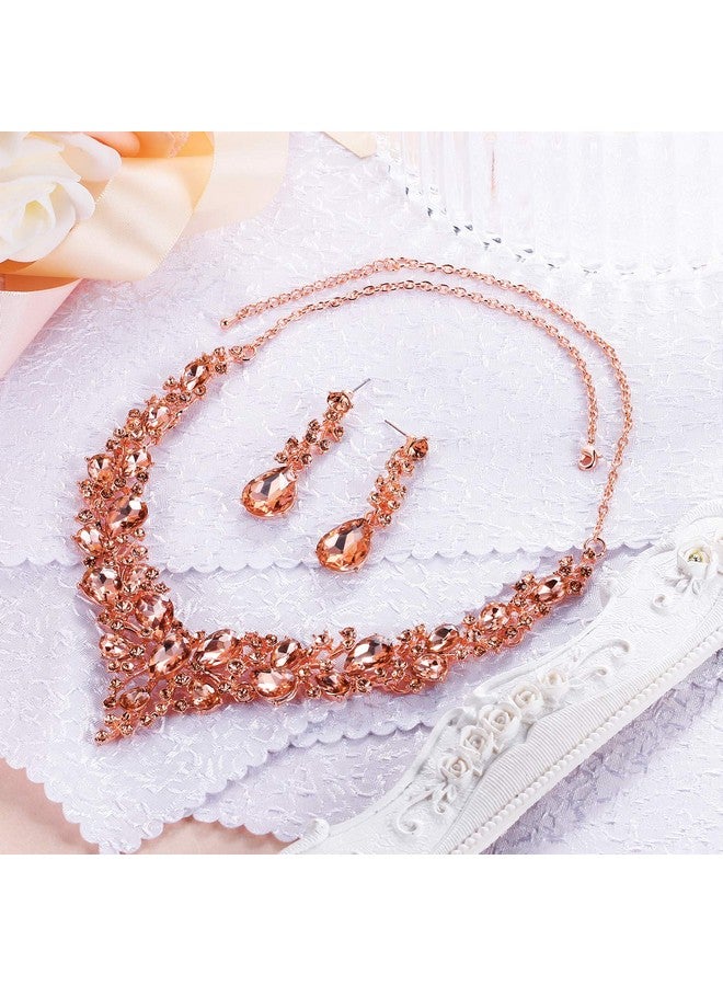بريلوف مجموعة مجوهرات الزفاف والزفاف من الكريستال النمساوي على شكل دمعة مجموعة أقراط متدلية من الذهب الوردي مع قلادة من الذهب الوردي. - Image 5