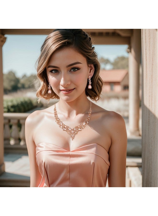 بريلوف مجموعة مجوهرات الزفاف والزفاف من الكريستال النمساوي على شكل دمعة مجموعة أقراط متدلية من الذهب الوردي مع قلادة من الذهب الوردي. - Image 3