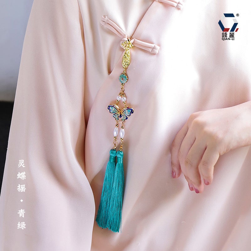Qianli Cloisonne Butterfly Tassel Charm Green Butterfly-Flap Tassel Pendant