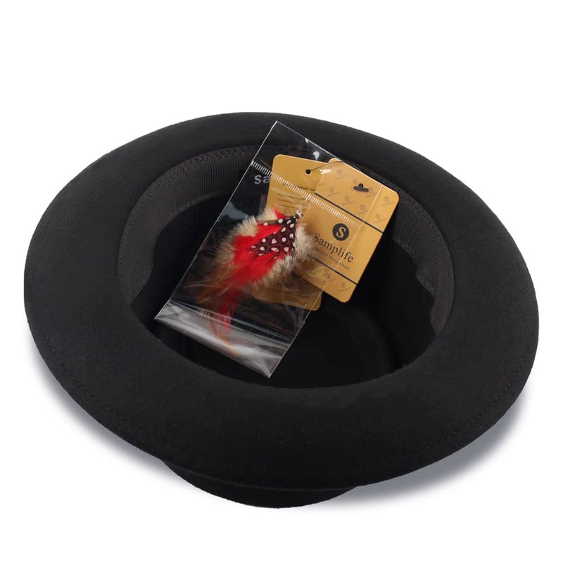 Samplife Pork Pie Hat for Men/Women Wool Felt Fedora Boater Porkpie Flat Halloween Top Derby Black (US, Alpha, Medium, Black) - Image 3