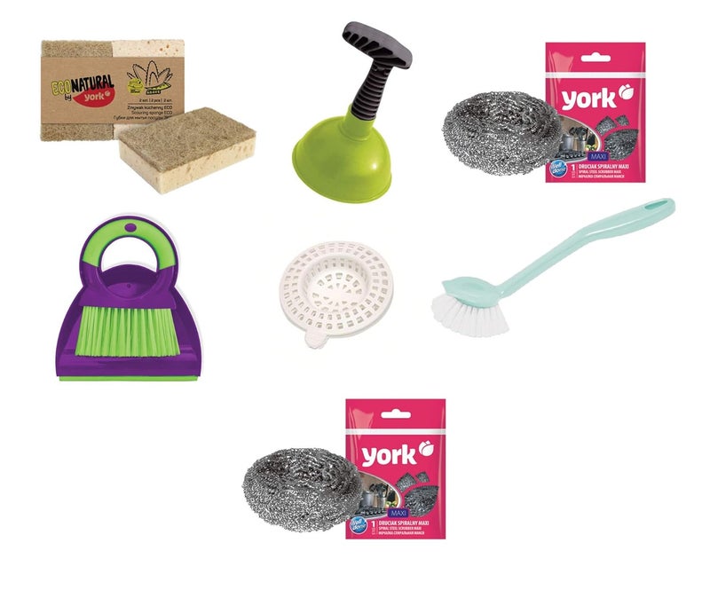 YORK Kitchen Scouring Sponge Eco 2 Pcs + Dish Brush + Sink Drainer + Table Brush With Dustpan + Plunger With Plastic Holder for Kitchen Sink + Spiral Steel Scrubber Maxi 2 Pcs - Image 1