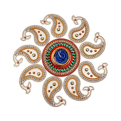 Krisah Small Acrylic Rangoli with T Light Holder Multicolor Handicraft Jewel Stone Decorations(White) - Image 5