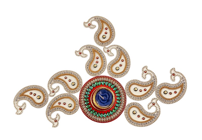 Krisah Small Acrylic Rangoli with T Light Holder Multicolor Handicraft Jewel Stone Decorations(White) - Image 4