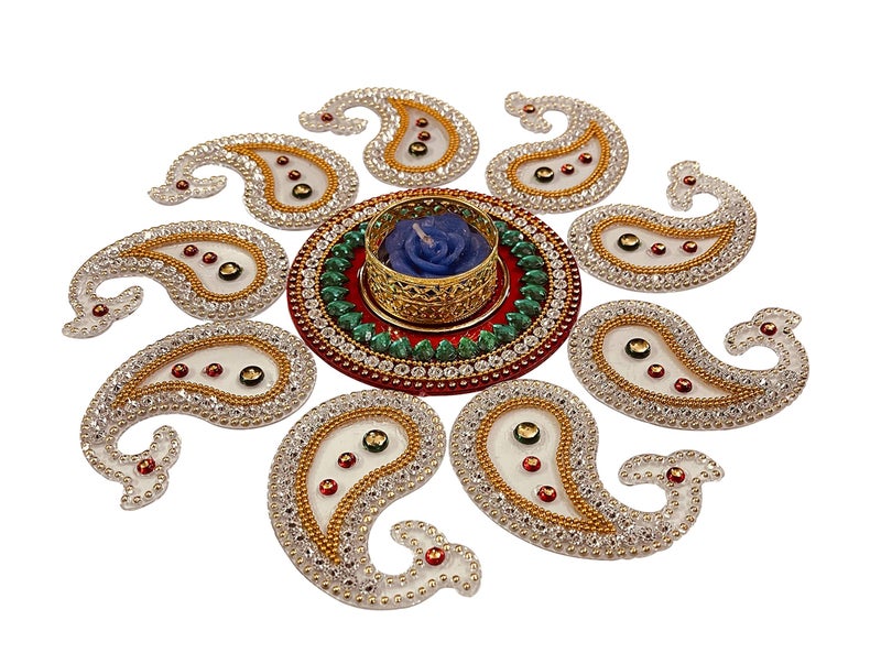 Krisah Small Acrylic Rangoli with T Light Holder Multicolor Handicraft Jewel Stone Decorations(White) - Image 3