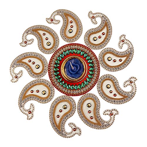 Krisah Small Acrylic Rangoli with T Light Holder Multicolor Handicraft Jewel Stone Decorations(White) - Image 1