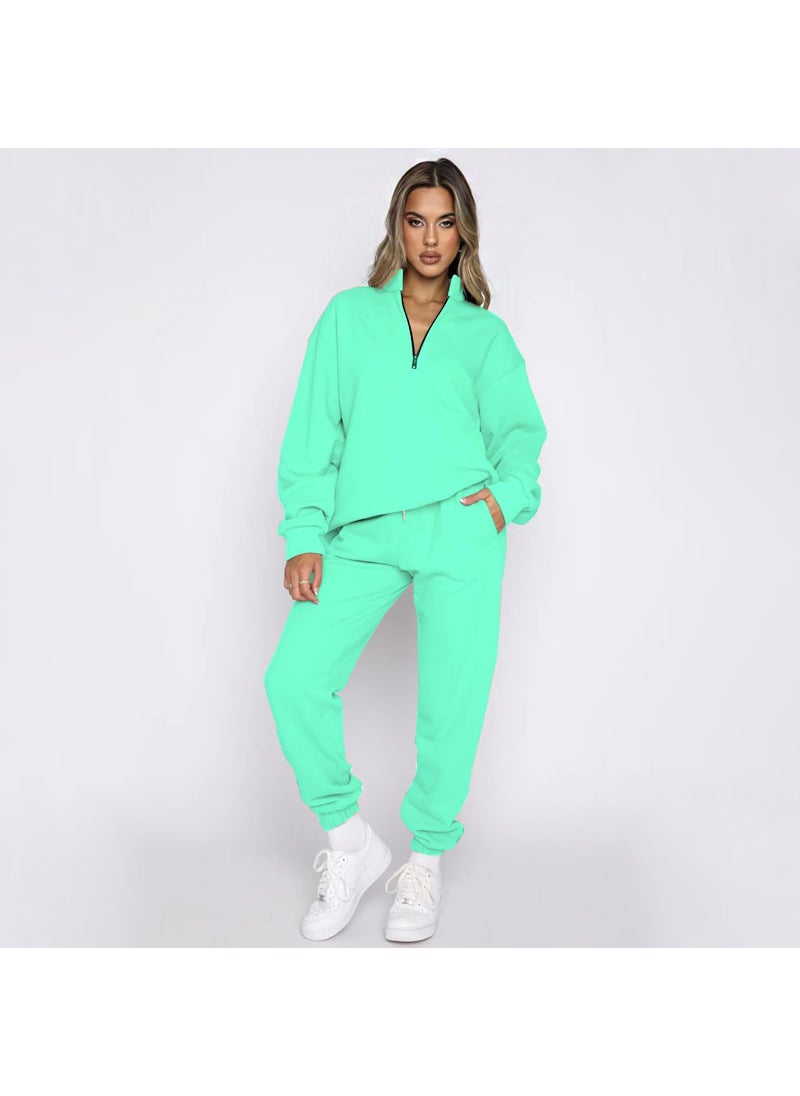 Generic - Autumn Winter Solid Zip-up Turtleneck Sweatshirt and Pants Set Apricot - Image 1