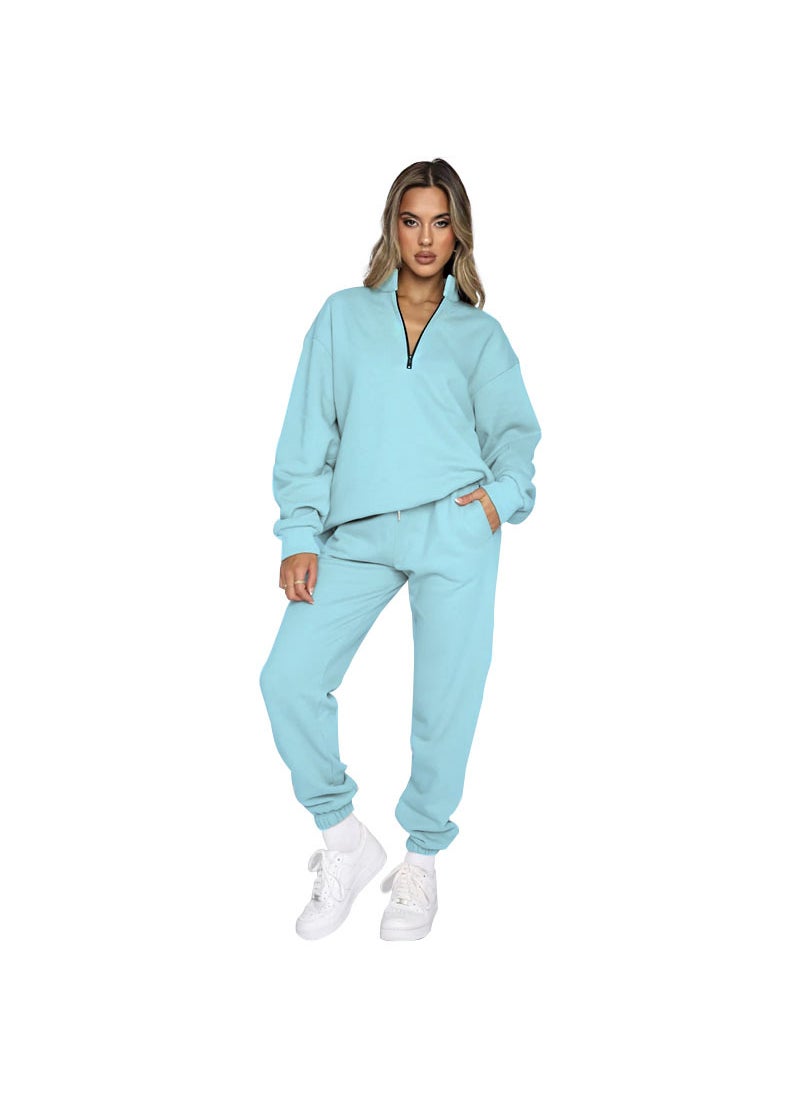 Generic - Autumn Winter Solid Zip-up Turtleneck Sweatshirt and Pants Set Apricot - Image 1